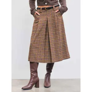 Cider Wool-like Mid Rise Checks Pleated Maxi Skirt With Belt