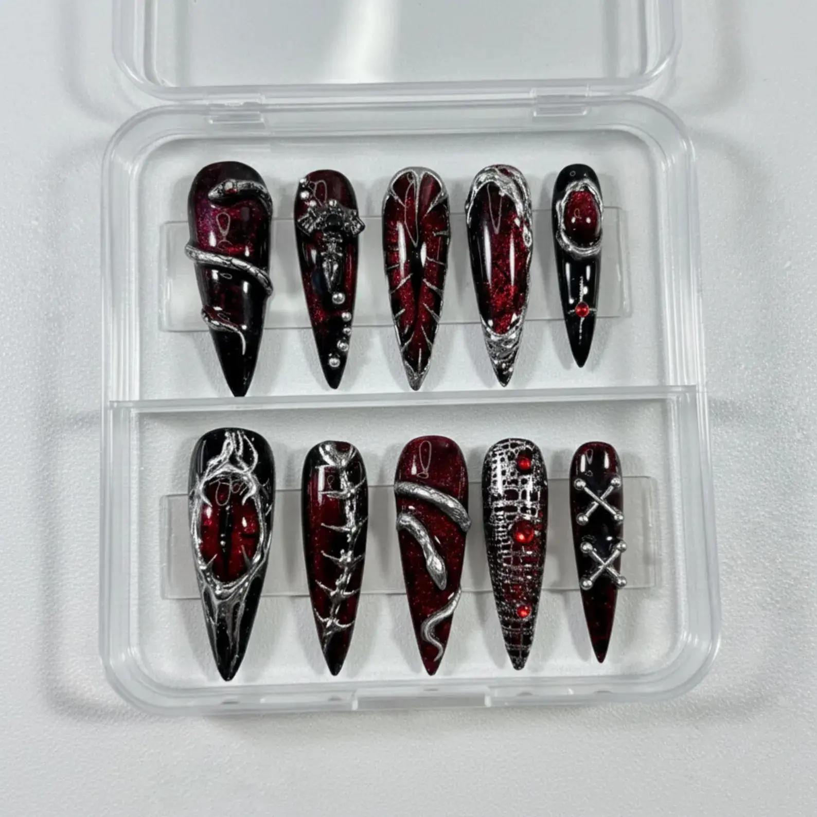 Gothic Press On Nails Red Black, Dark Fantasy Stiletto Nails, Handmade Gothic Nail Art, Alternative Punk Press On Nails