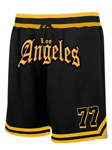 Men's Striped Trim Letter & Figure Patched Drawstring Waist Basketball Shorts, Casual Breathable Comfortable Zipper Pocket Design Mesh Shorts for Daily Wear, Basketball Jersey Shorts