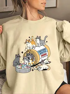 Women's Cartoon Cat Print Drop Shoulder Sweatshirt, Casual Long Sleeve Round Neck Pullover for Fall & Winter, Ladies Clothes for Daily Wear, Womenswear
