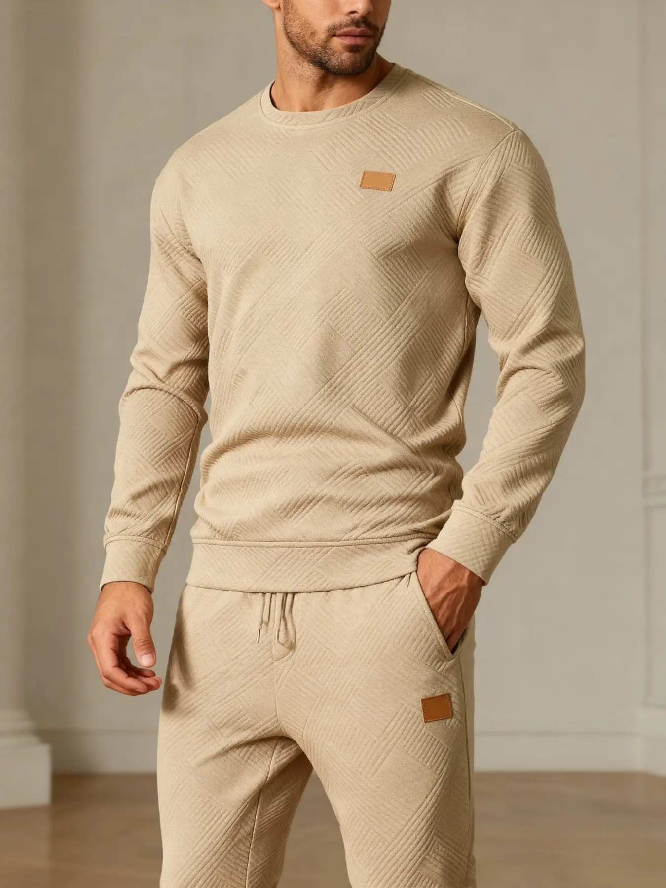 Men's Textured Knit 2-Piece Tracksuit, Jogging Set, Crew Neck Sweatshirt with Drawstring Joggers, Soft Casual Athletic Outfit, Casual Tracksuits, Suitable for Daily and Outdoor Sports Wear, Sweatsuit, Athletic Fashion Activewear, Sports Wear Set