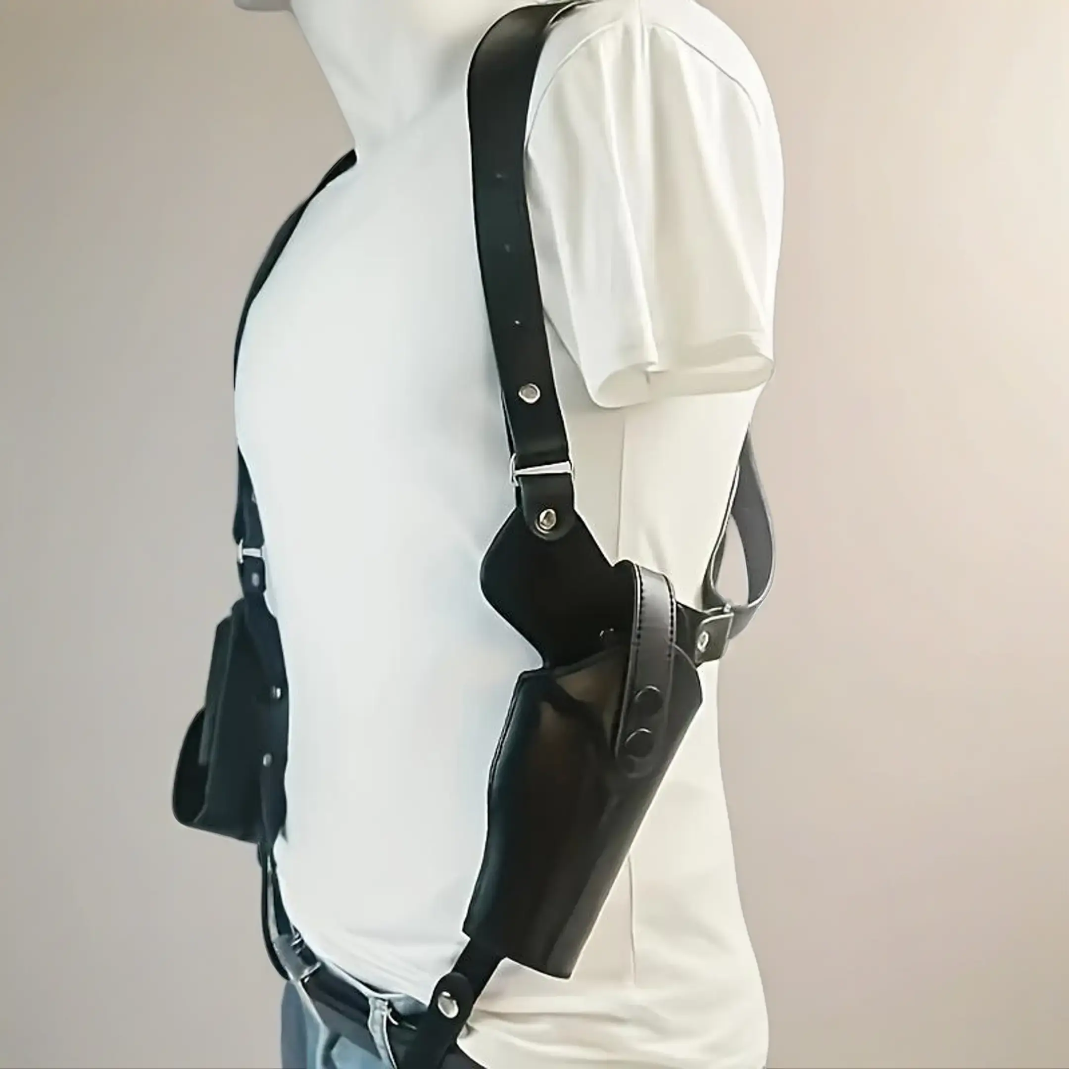 Men's Leather Tactical Shoulder Holster (1PC) - Cross-Back Harness, Adjustable Strap, Customizable Fit, Discreet Carry, Double Pouches, Low Profile, Reinforced Stitching, Hunting Use, Compatible with G17, 92, 1911, Conceal Carry, Genuine Cowhide, Secure,,