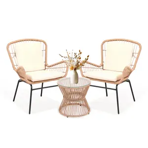 All-Weather PE Rattan Patio Bistro Set – 3 Piece Outdoor Garden Chair Set with Cushions and Tempered Glass Table – Ideal for Porch, Balcony, Poolside, Backyard