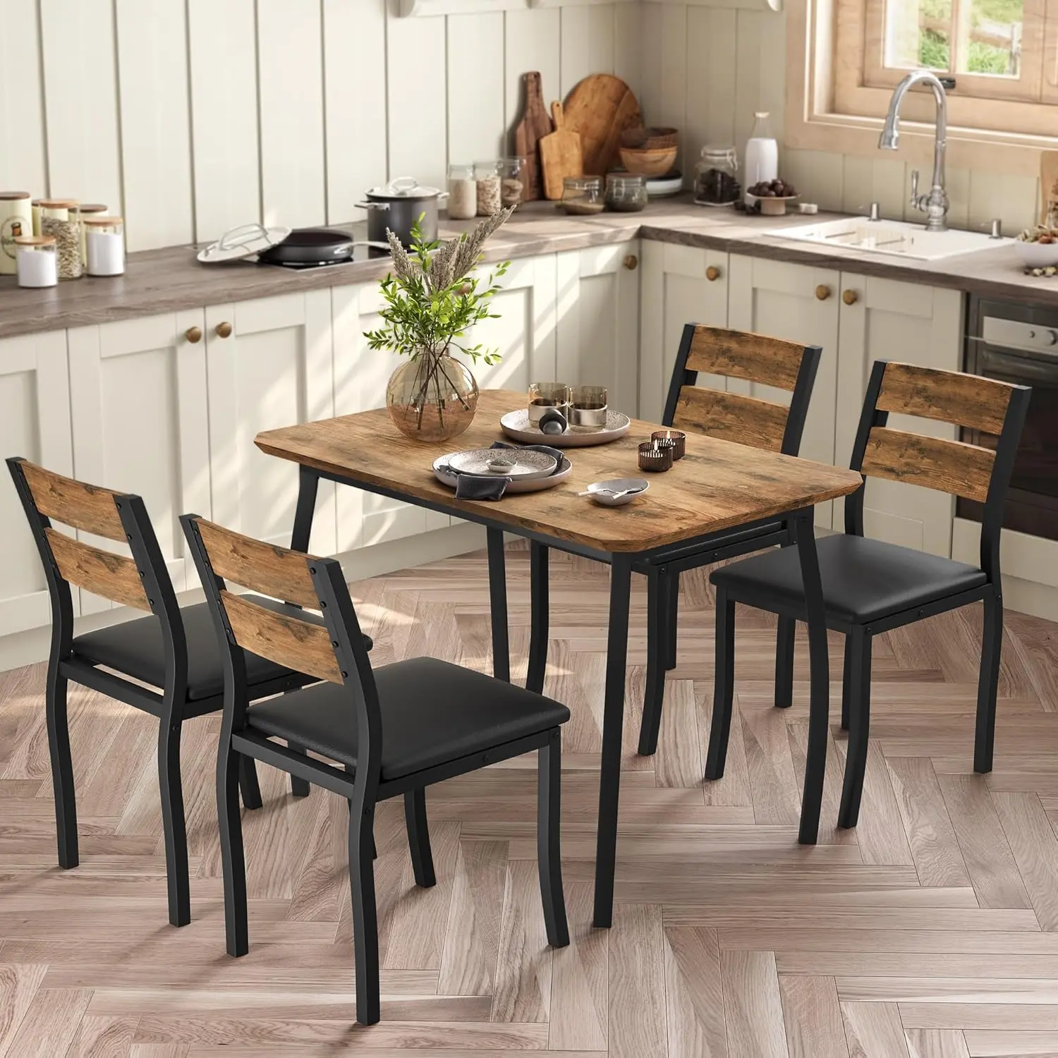 Gaomon 5-Piece Modern Retro Brown 4-Seater Dining Set - Dual-Purpose Corner Kitchen Table, 4 Chairs, Sturdy Metal Frame, Space-Saving, Apartment Decor, Furniture for Apartment, Dining Nook Meals, Studio Apartment Furniture