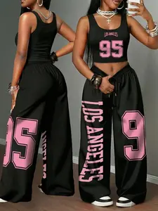 Women's Casual Streetwear Set, Includes Tight Vest & Loose Pants, Los Angeles Print, American Jersey Style, All Seasons