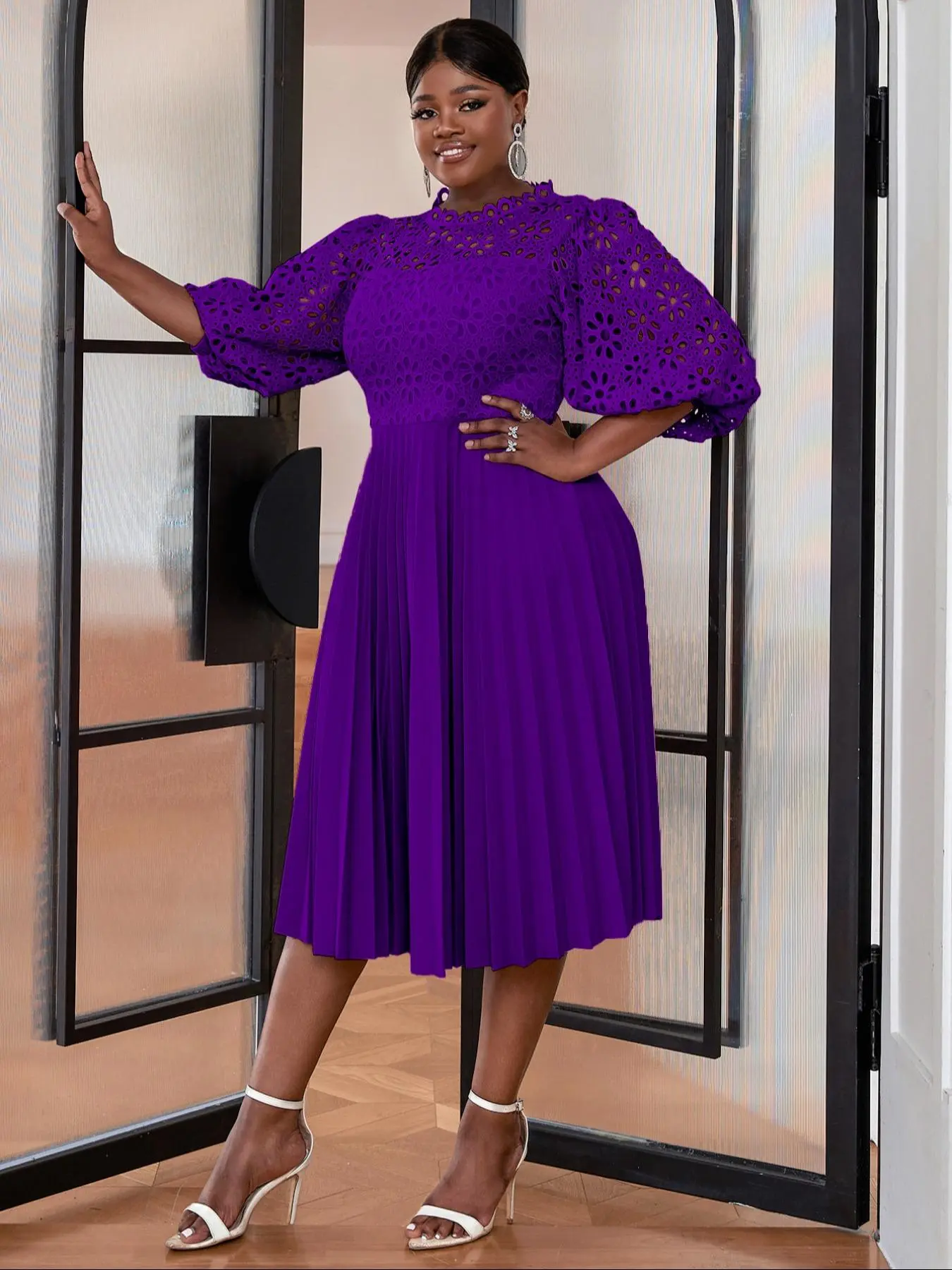Plus Size Plain Open Front Crochet Lace Cape Dress, Elegant Bishop Sleeve  Dress for Evening Party Gown, Women's Clothes for All Seasons, Womenswear -  TikTok Shop