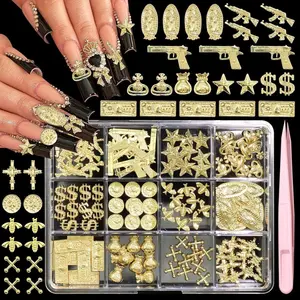 120Pcs 3D Gold Nail Charms, 12Styles Alloy Dollar Gun Coin Nail Art Charms, Golden Punk Star Cross Virgin Mary Charms for Nails, Mix Nail Jewelry Rhinestones for Nails Design Manicure Crafts