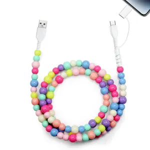 Pearl-Decorated 3-in-1 Charging Cable Compatible with All Devices USB-C, Lightning, Micro USB & USB-A Durable 3.3Ft Colorful Beaded Cord for Fast Charging & Data Transfer