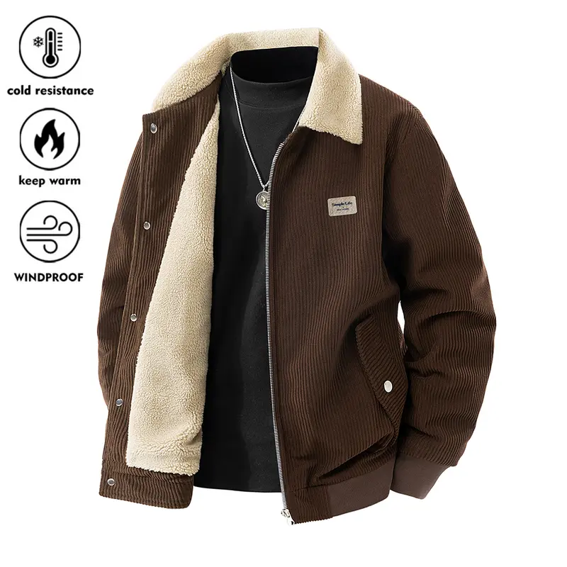 Autumn Winter New Retro Menswear Men's Woven Corduroy Solid Color Jacket - Fuzzy Sherpa Fleece Long Sleeve Zipper Coat with Pockets, Cold-Resistant Mature Fashion Clothing for Daily Casual, Work