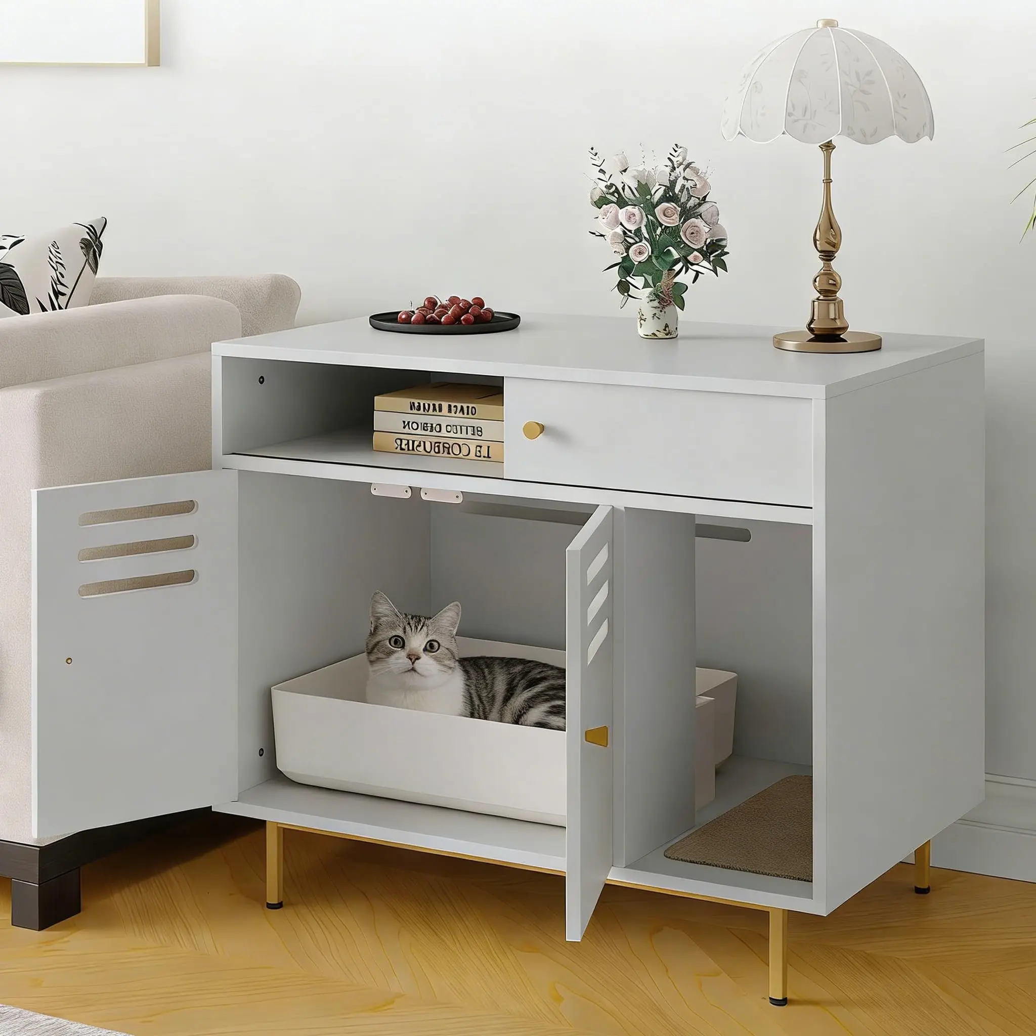 Garvee Hidden Cat Litter Box Enclosure Furniture - Modern Cat Washroom Storage Cabinet with Scratch Pad & Double Doors - Indoor Decorative Cat House with Metal Frame, Large Tabletop & Storage Shelves