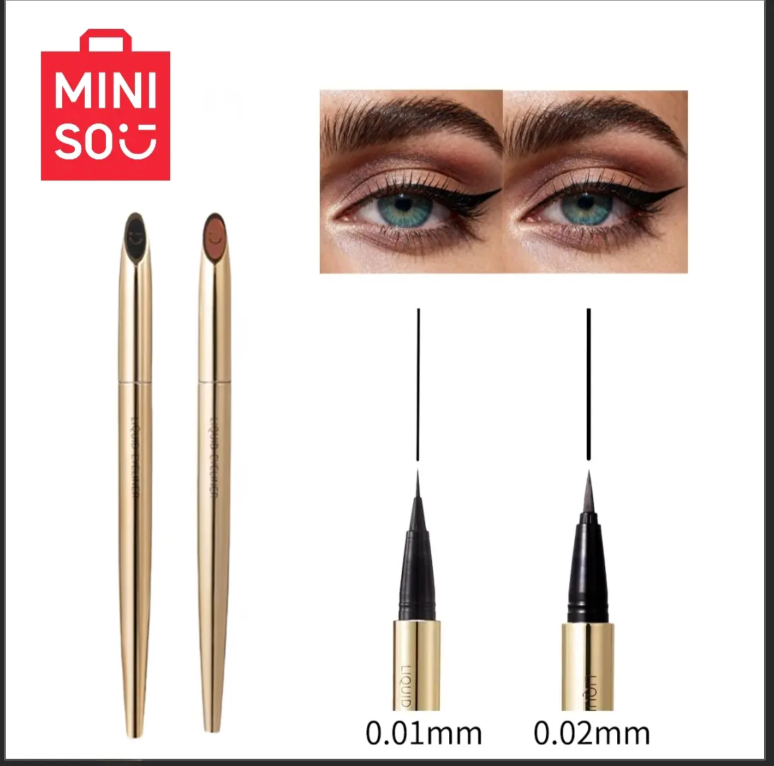 Miniso Gold Tube Waterproof Longwear Liquid Eyeliner Pen - Precise Fine Tip, Quick-Dry, Smudge-Proof, Color-Correcting, Youth-Friendly for Makeup Beginners, Single Eye Makeup Product for Daily Use, Black, Longwear Eye Liner, Eye Makeup Products