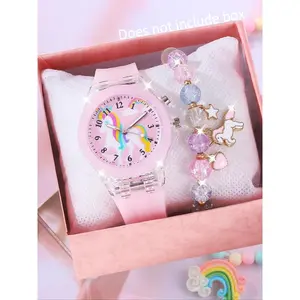 Cute Unicorn Design Watch & Bracelet Set, Fashionable Analog Watch & Jewelry Set Girls, Trendy All-match & Watch Set Birthday Gift