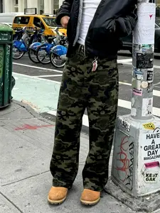 Men's Camouflage Wide-Leg Straight Jeans - High-Street Style Versatile Vintage Y2K Retro Street Loose Straight Wide-Leg Pure Cotton Casual Trousers