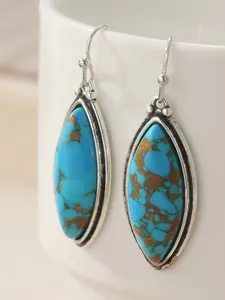 Vintage Copper Blue Synthetic Turquoise Large Marquis Shape Handmade Silver Color Earrings, Perfect Gift for Her, Turquoise Dangle Earrings