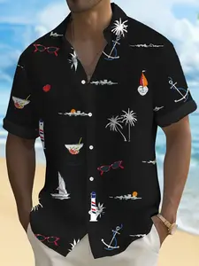 Men's Hawaiian Coconut Tree Cocktail Sailboat Lighthouse Print Short Sleeve Shirt, Slim Fit Casual Blouse with Button Pockets