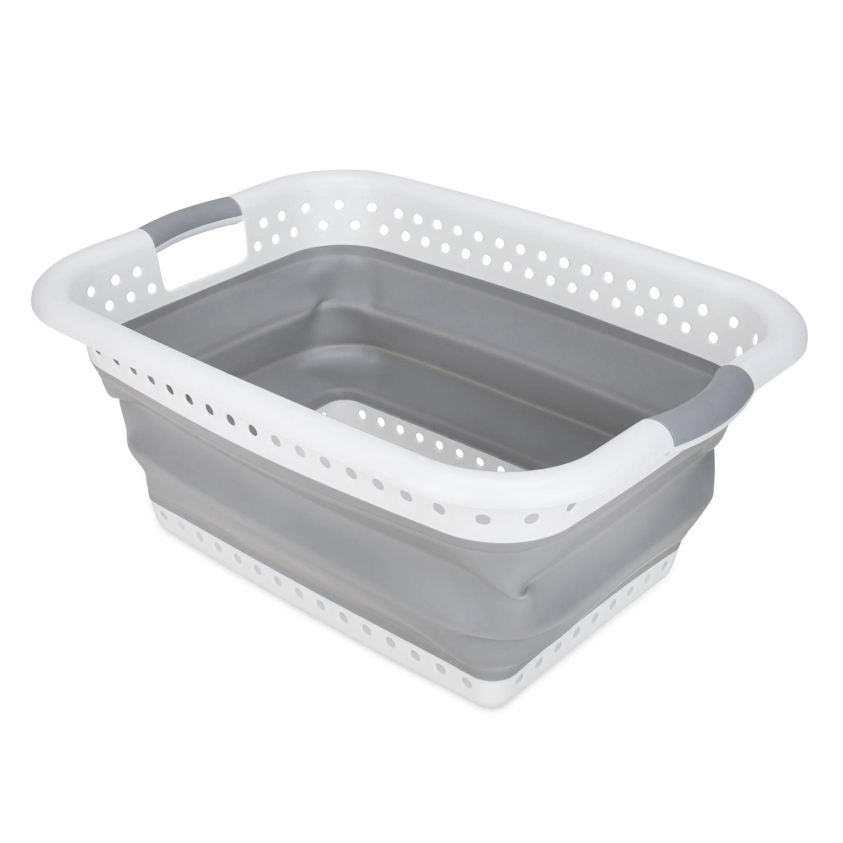 Camco Collapsible Laundry Basket, Plastic Bin, Handles for Storage, Large, White