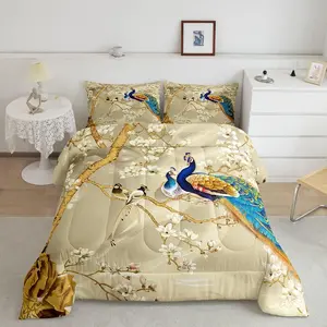 Peacock Comforter,Peacock with Floral Luxury Bedding Set,Animals Designer Comforter Set,Botanical Quilt Set,Super Soft Microfiber Comforter Duvet