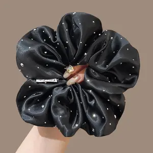 Large Satin Rhinestone Hair Scrunchie for Women, Sparkly Silk Hair Tie with Rhinestones, Elegant Oversized Hair Scrunchie for Thick Hair, Bridal & Daily Hairstyles Pearlescent Satin Scrunchie, Oversize, Bridal Wear