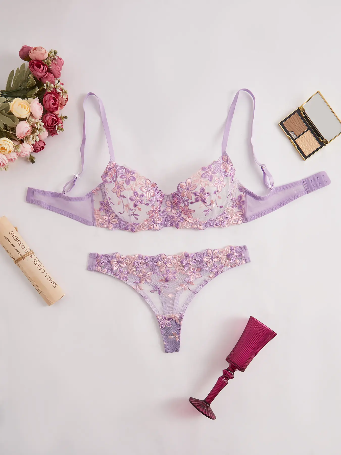 Lady's 2-Piece Purple Floral Embroidery Lingerie Set - Sheer Mesh Bra, Lace Triangle Panty, Boudoir Aesthetic, Assorted Colored Bundled Underwear Sets, Lace Styles Womenswear