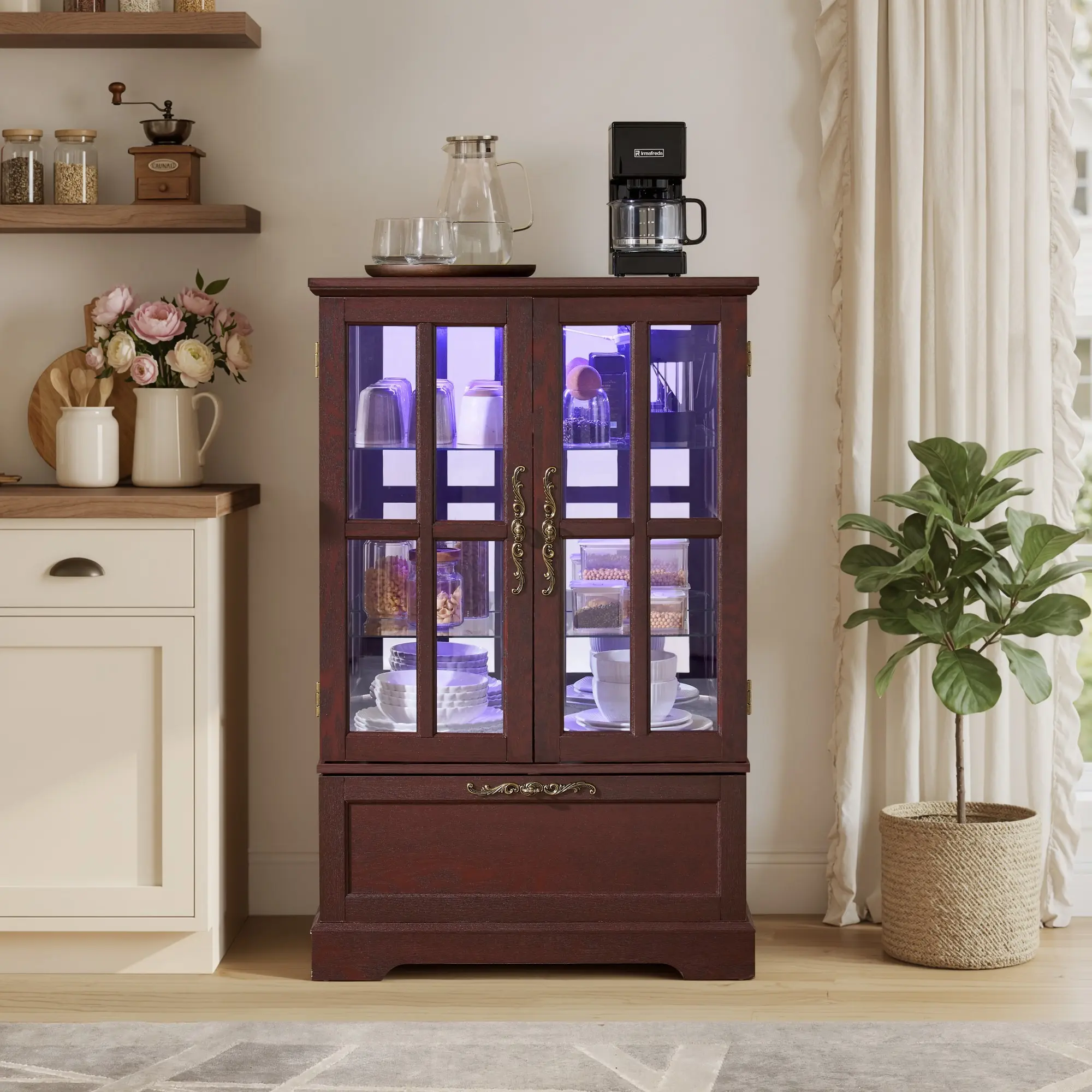Eyisean 47" LED Curio Cabinet with Customizable Color Lights, Vintage Glass Display Cabinet with Lattice Door & Flip-Top Drawer, 2 Adjustable Shelves, Wooden China Cabinet for Kitchen, Living Room, Bedroom