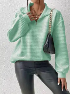 Women's Plain Textured Drop Shoulder Mock Neck Loose Fit Sweatshirt, Womenswear Casual Long Sleeve Zipper Pullover For Fall & Winter, Ladies Clothes For Daily Wear