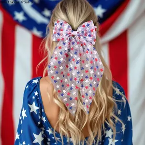 Women's 2026 Independence Day Mesh Bow Hair Clip - American Flag Long Ribbon Barrette, 4th of July Accessories, Patriotic Spring Sports Headband for Party Parade