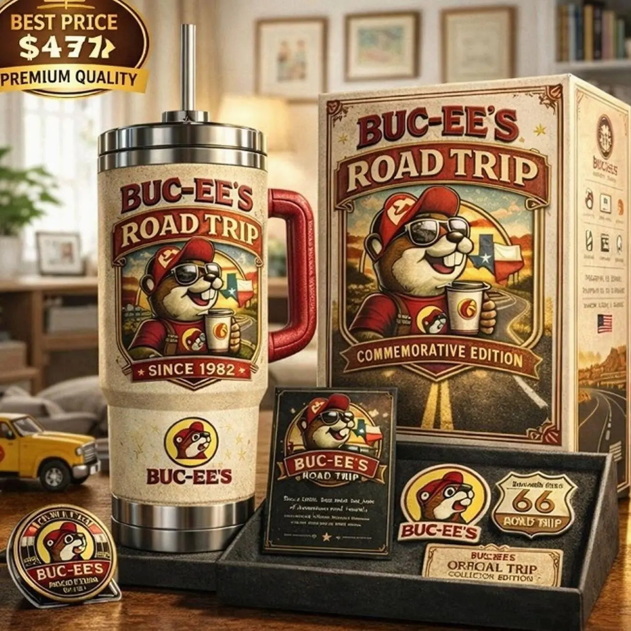 Buc-ees Road Trip Beaver 40oz Tumbler With Handle & Straw, Travel Inspired Stainless Steel Vacuum Mug