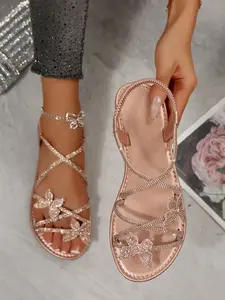 Summer New Casual Fashion Round Toe Open Toe Simple Lightweight Glass Rhinestone Strap Cross Cute Bow Slip-On Women's Outdoor Sandals Strappy Sandals