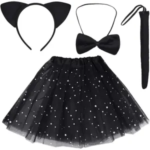 Black Cat Costume Set – Complete Kit with Cat Ears Headband, Tail, Bowtie & Tutu, Perfect for Kids Halloween, Dress Up & Cosplay
