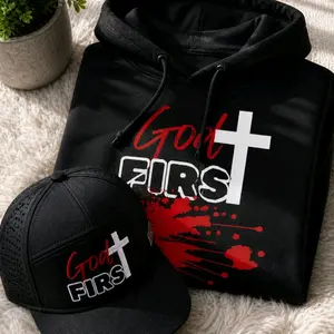God First Hoodie & Hat  Combo Set Christian Fall Winter Fashion Casual 100% Cotton Fitted Reflective Print Menswear Breathable Fabric