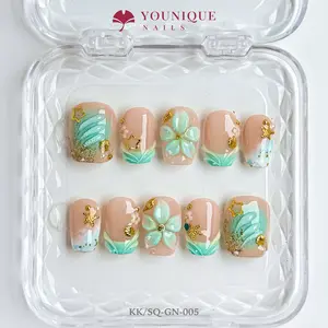 Younique Nails 2025 Short Square Press-On Nails Collection 10PCS 100% Handmade Reusable with Poly Extension Gel White Pearlescent Shimmer Sparkly Studded Rhinestone Glitter Cat Eye Chic Art Crème