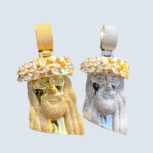 Mens Hiphop VintageJesus Head Sculpture Copper Pendant with Zircon Stones Electroplated Geometric Necklace Gold Silver Rose Gold Options