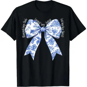 Blessed By God Loved By Jesus Blue Toile Coquette Bow  T-Shirt