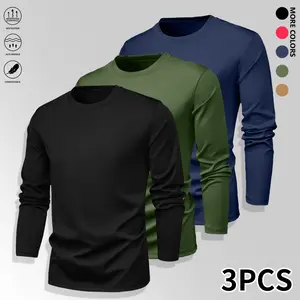 3-piece set Men’s solid-color long-sleeve T-shirts — breathable, soft fabric suitable for gym, running, basketball — durable casual crew-neck straight-sleeve T-shirts — machine-washable athletic shirts