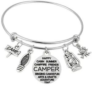 Camper Charm Bracelet – Adjustable Silver Bangle with Camping Charms & Engraved Pendant