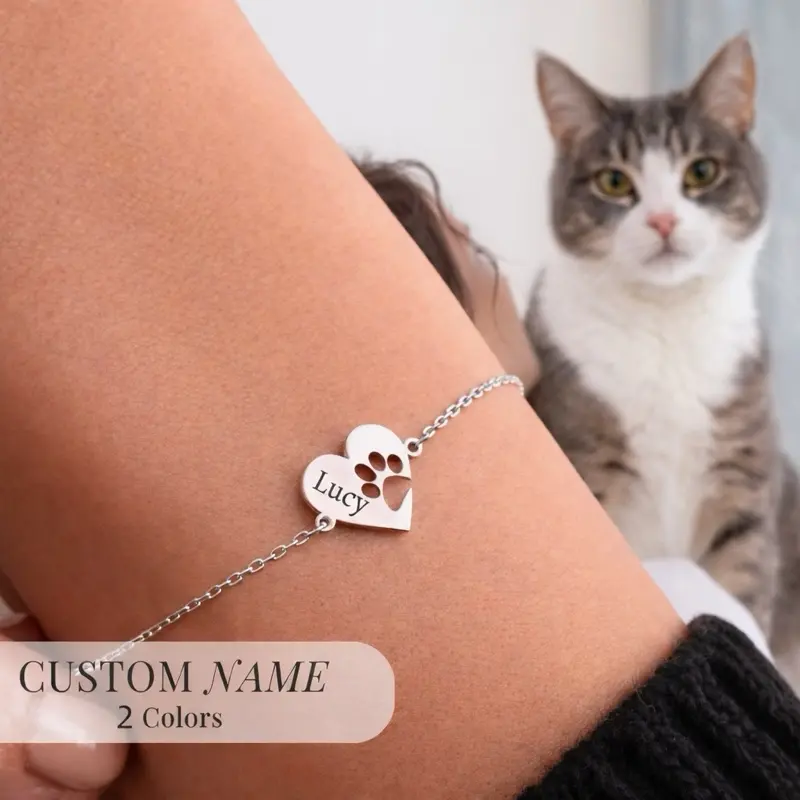 Custom Pet Name Paw Print Bracelet | Personalized Heart Charm | Dog & Cat Lover Jewelry | Gift for Pet Lovers