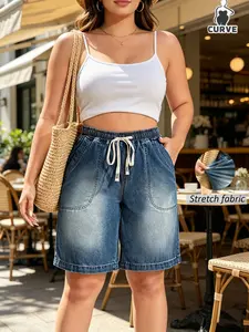 Women's Plus Size Fashion Pocket Design Jeans, Elastic Waist Drawstring Short Pants, Comfortable Breathable Denim Shorts, All Seasons Casual Wear