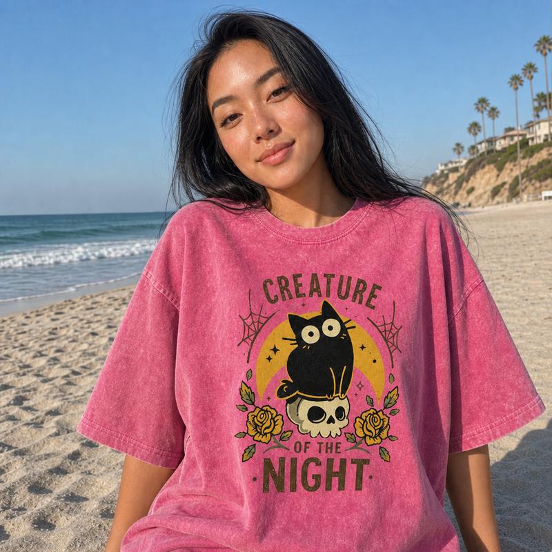 Spooky Pastel Goth Graphic Tee Women Soft Washed Cotton Creature Of The Night Black Cat Skull Shirt S-5XL