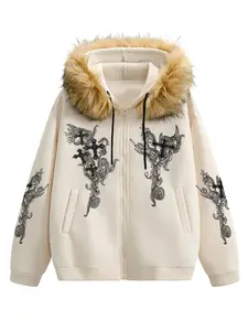 Men's Faux Fur Hooded Zipper Jacket, Cross Pattern Print, Street Fashion Windbreaker, Warm Stylish Design, Outdoor & Daily Wear, Winter Fashion Clothing