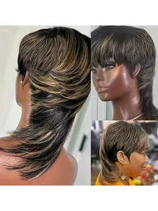 Women Short Pixie Cut Wigs with Bangs, Dovetail Straight Highlight Blonde Human Hair Mullet Wigs, Full Machine-Made Design