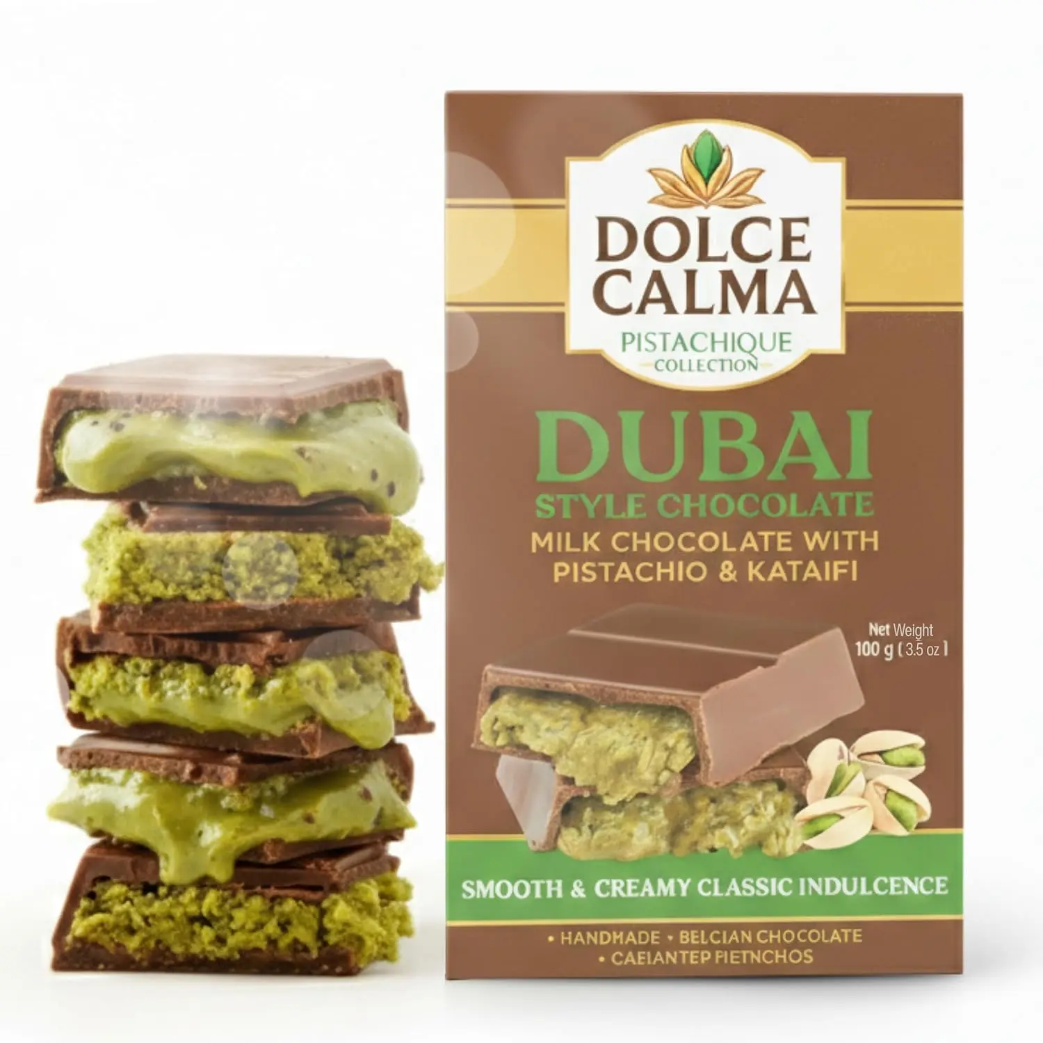 Dolce Calma Dubai Chocolate Bar White and Blueberry (100g / 3.5oz) – Viral Authentic Handmade Belgian Chocolate with Turkish Pistachio & Crispy Kataifi, Premium Quality Luxury Cream Kunafa Filling, No Palm Oil (Milk Pistachio – 3.5 oz) - Pack of 2
