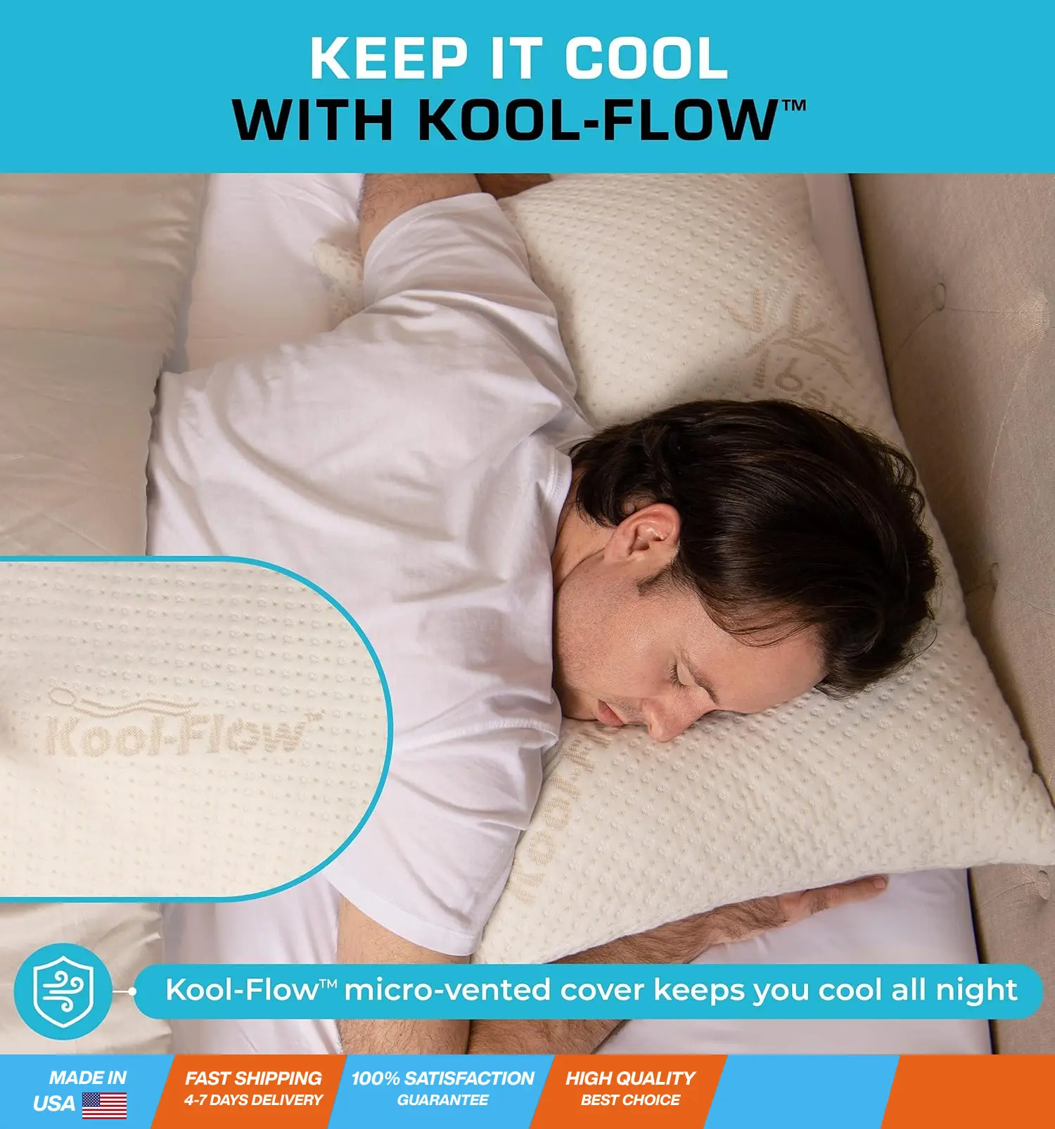 Memory Foam Pillows Made in The USA - Queen Size, Slim Cooling Pillow for Sleeping on Side, Back & Stomach - Firm and Soft Bed Pillows