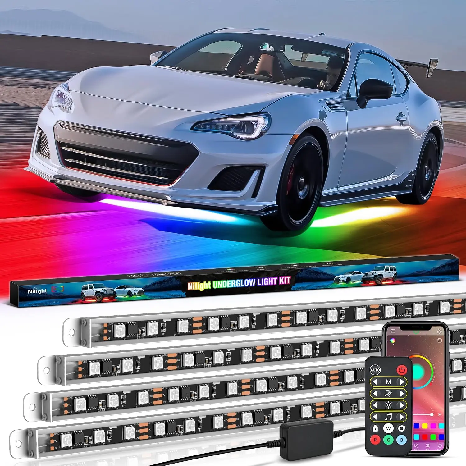 Nilight 4Pcs 12V 10.8W Aluminum Underbody Glow Neon Accent Strip Lights, 396 LEDs 16M Colors, 300% Brighter Output Door Assist, Multi-Mode Sound-Active, APP Remote + Control Box, Silicone, Includes Hardware for Car Truck RV (Father's Day Gift), Chase, 4 S