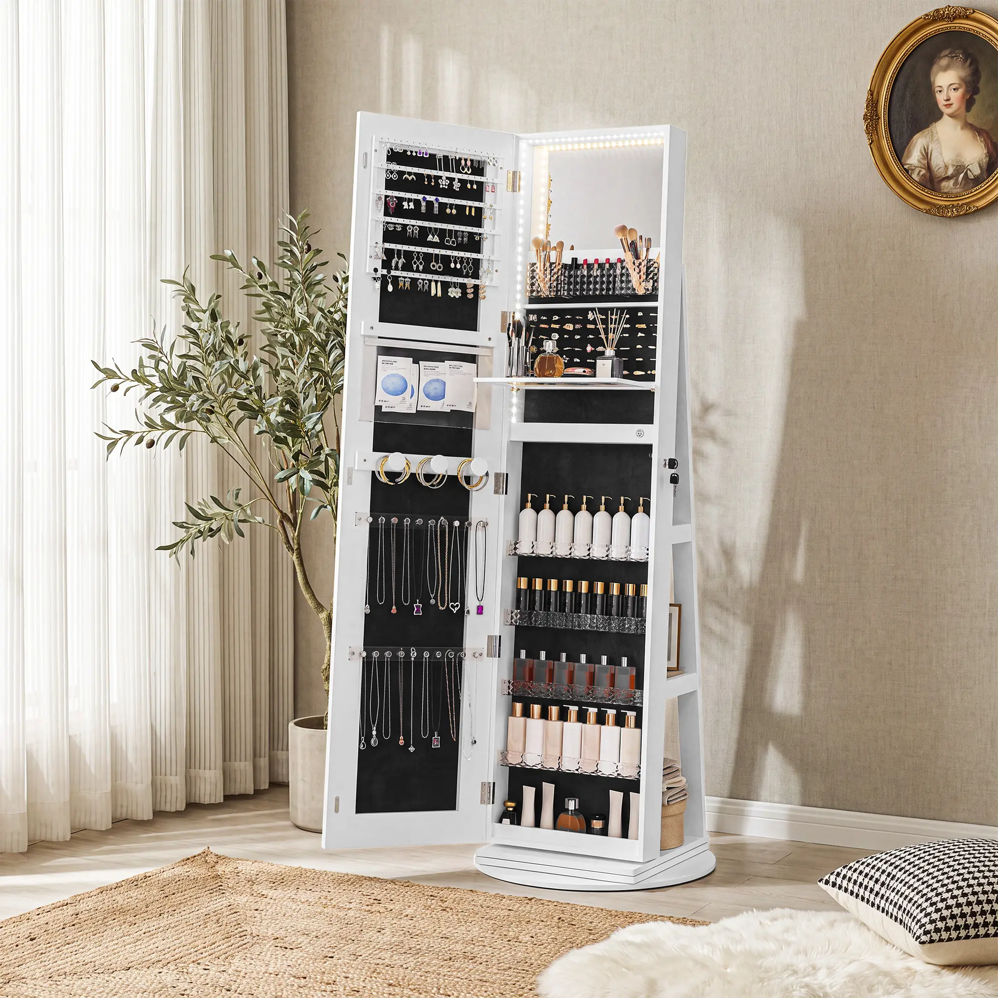 Rotating Base Full-Length Jewelry Mirror Cabinet,adjustable lighting full-length lighting mirror&make up mirror, armoire, space-saving, large storage space, perfect gift idea