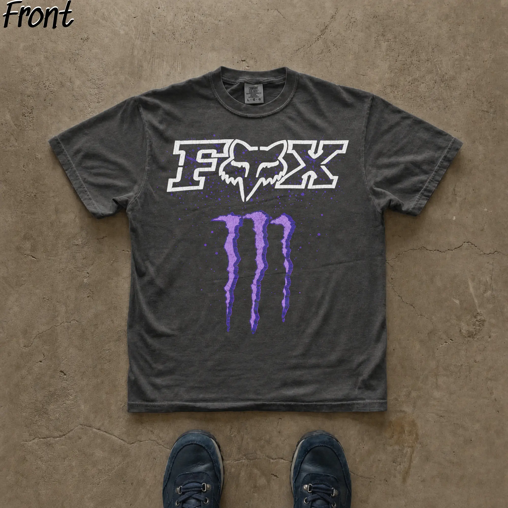 F0x Racing x Monster Energy with Purple Accents Graphic Tee, Racing Shirt, Monster Logo Shirt, Y2K Grunge Gothic Tees, Aesthetic Shirt, Motocross Merch, Y2K Emo Scene Amity Affliction Style, 100% Cotton Lightweight Shortsleeve, Streetwear Vibes