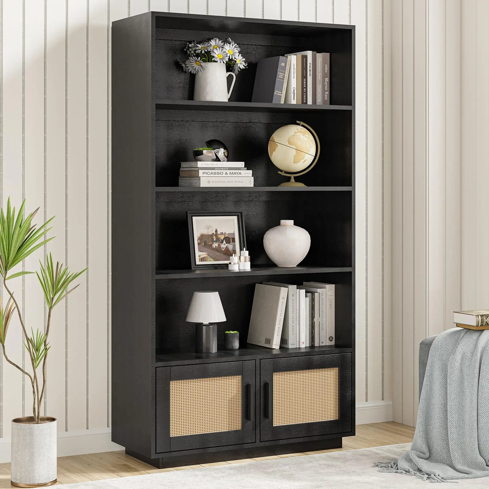 5 Tier Bookshelf, Boho Bookcase with Rattan Doors, Wooden Bookcase and Bookshelf with Storage, Tall Book Stand, Large Bookshelf for Living Room, Bedroom, Home Office, Kitchen