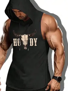 Men's Bull Head Print Hooded Tank Top, Casual Sleeveless Top for Daily Wear, Sleeveless Gym Tops, Sleeveless Sport Tank, Menswear for All Seasons