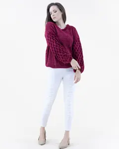 Original USA Women's Chunky Knit Chenille Sweater, Round Neck, Balloon Sleeves with Textured Details, Fall Casual Top