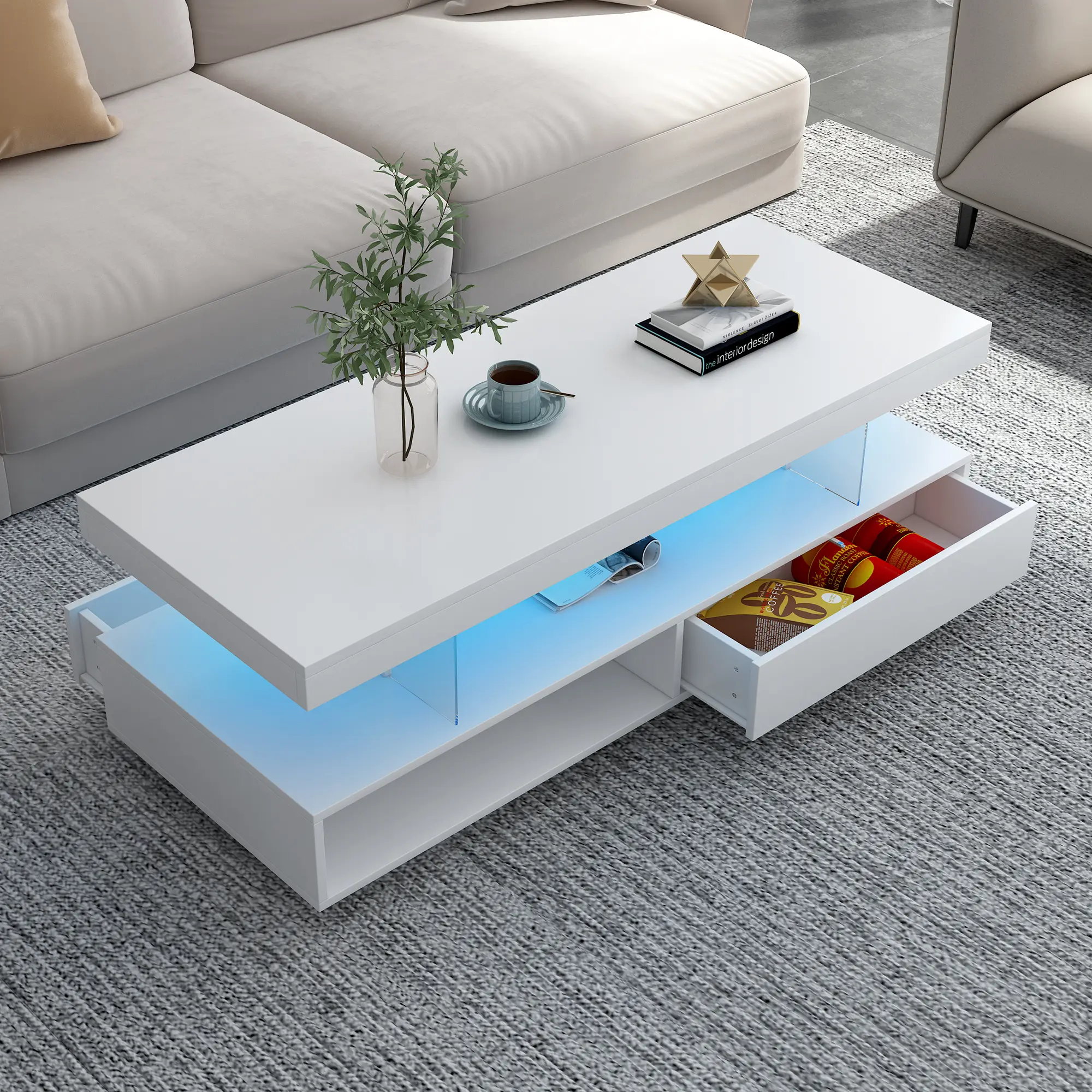 Modern High-Glossy Rectangle LED Coffee Table with Tabletop Design, 2-Tier Storage, 16-Color LED Lights & Remote Control, White Indoor Living Room Center Table
