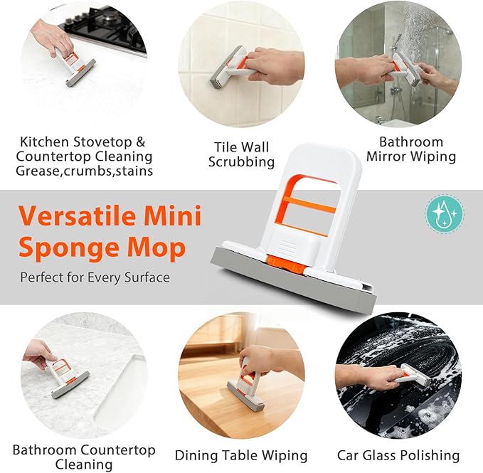 2026 New Mini Mop: Portable Self Squeezing Sponge Mop for Small Spaces, Bathroom Kitchen Desktop Glass Cleaning Gadgets, Wet & Dry Quick Clean Lightweight Compact Orange Can Stand or Hang